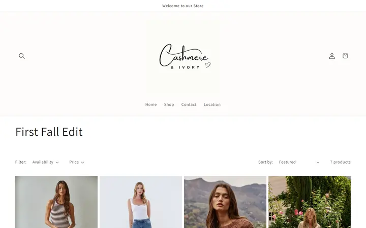 Website page titled First Fall Edit – Cashmere & Ivory Boutique