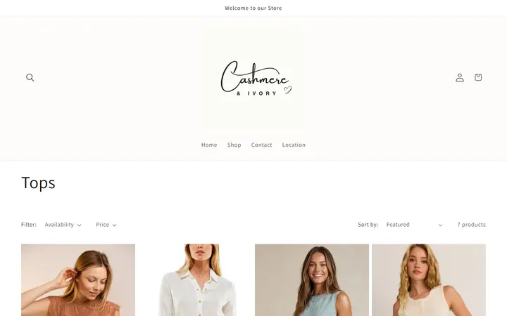 Website page titled Tops – Cashmere & Ivory Boutique