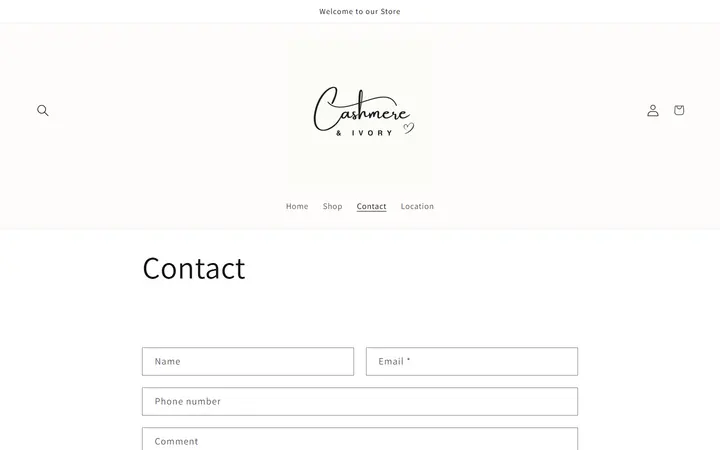 Website page titled Contact – Cashmere & Ivory Boutique