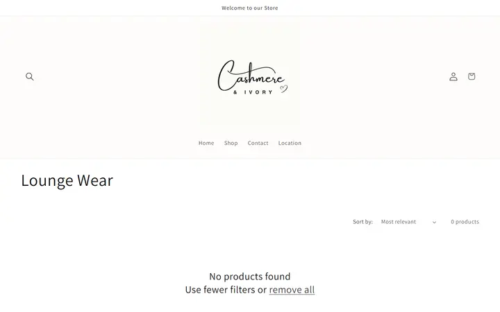 Website page titled Lounge Wear – Cashmere & Ivory Boutique
