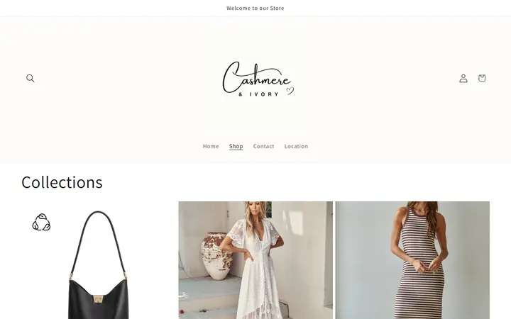 Website page titled Collections – Cashmere & Ivory Boutique