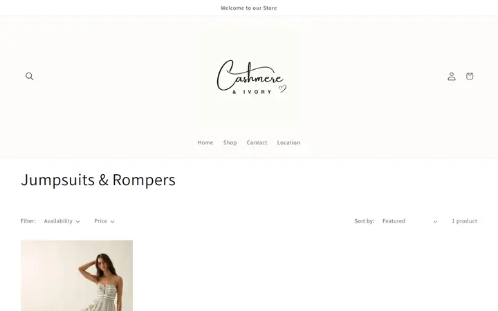 Website page titled Jumpsuits & Rompers – Cashmere & Ivory Boutique