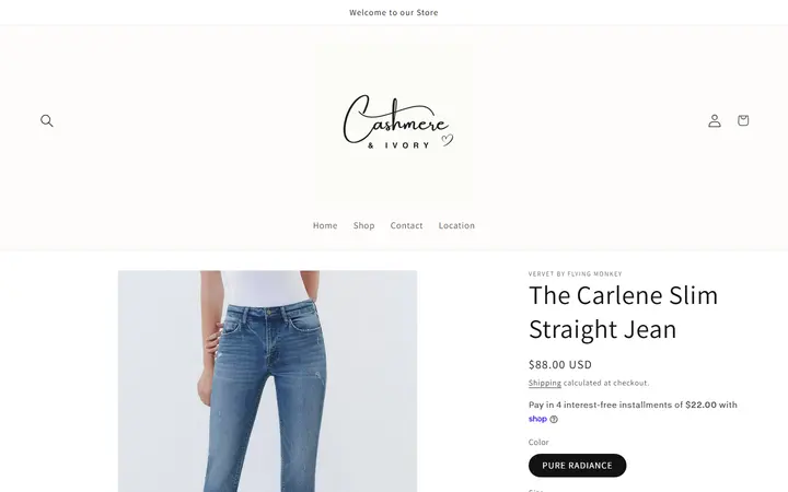 Website page titled The Carlene Slim Straight Jean – Cashmere & Ivory Boutique
