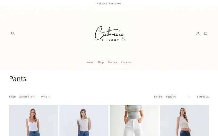 Website page titled Pants – Cashmere & Ivory Boutique