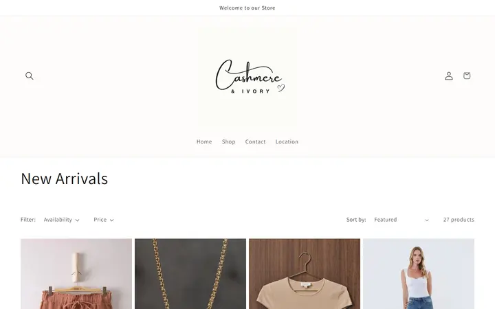Website page titled New Arrivals – Cashmere & Ivory Boutique