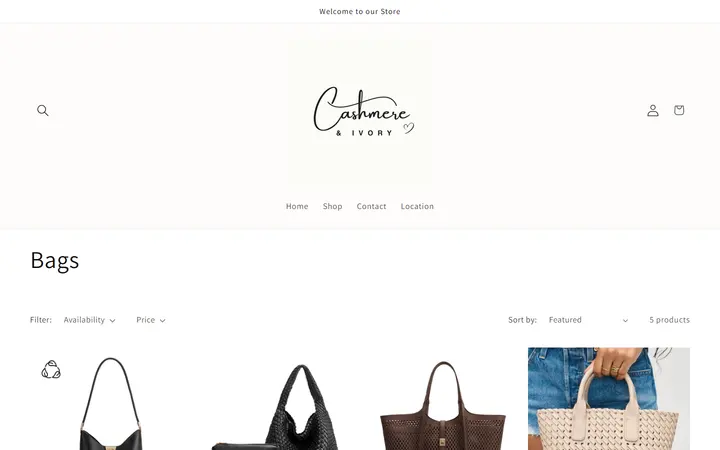 Website page titled Bags – Cashmere & Ivory Boutique
