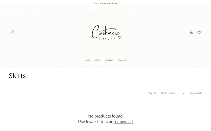 Website page titled Skirts – Cashmere & Ivory Boutique