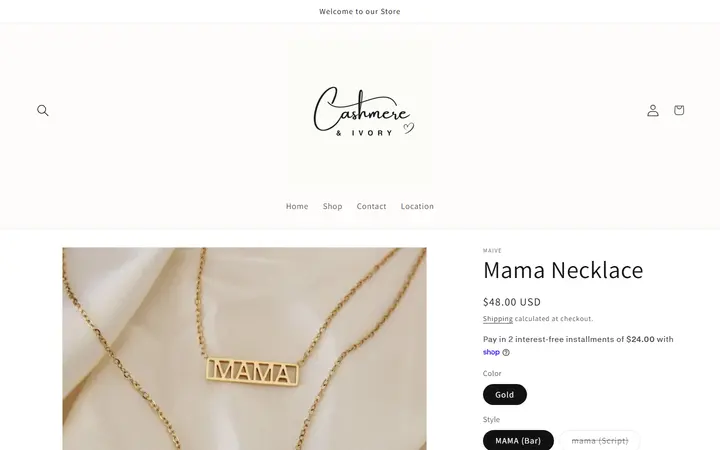 Website page titled Mama Necklace – Cashmere & Ivory Boutique