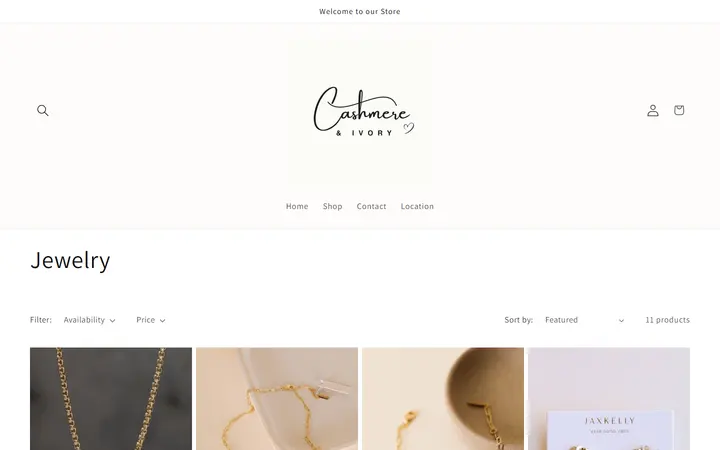 Website page titled Jewelry – Cashmere & Ivory Boutique