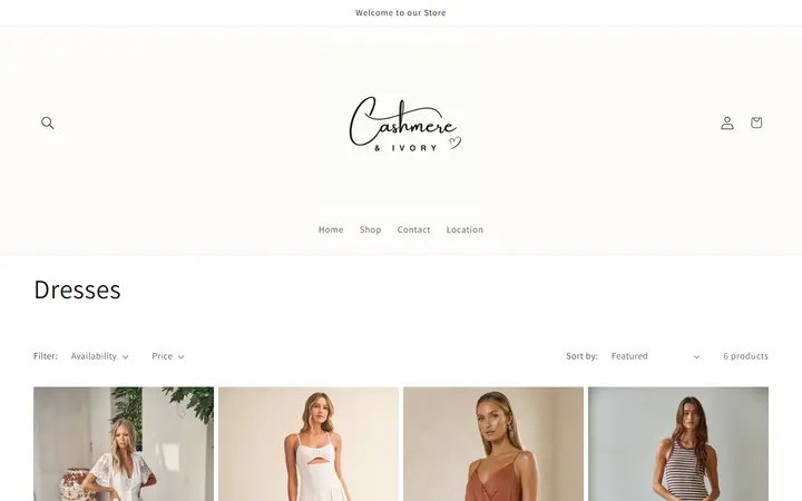 Website page titled Dresses – Cashmere & Ivory Boutique