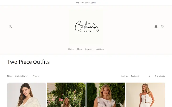 Website page titled Two Piece Outfits – Cashmere & Ivory Boutique