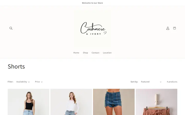 Website page titled Shorts – Cashmere & Ivory Boutique