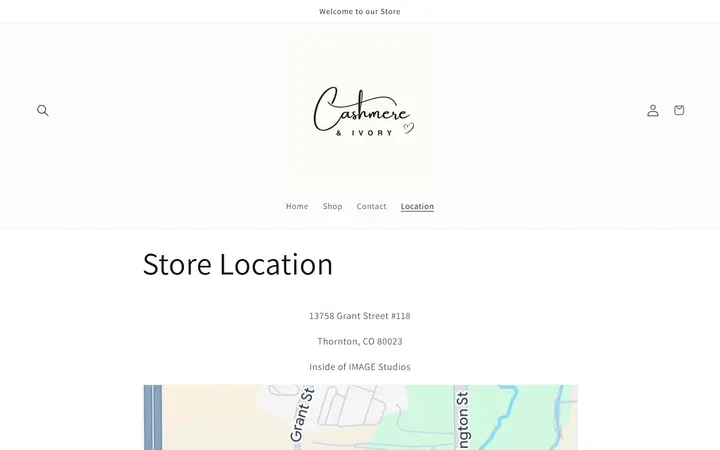 Website page titled Store Location – Cashmere & Ivory Boutique