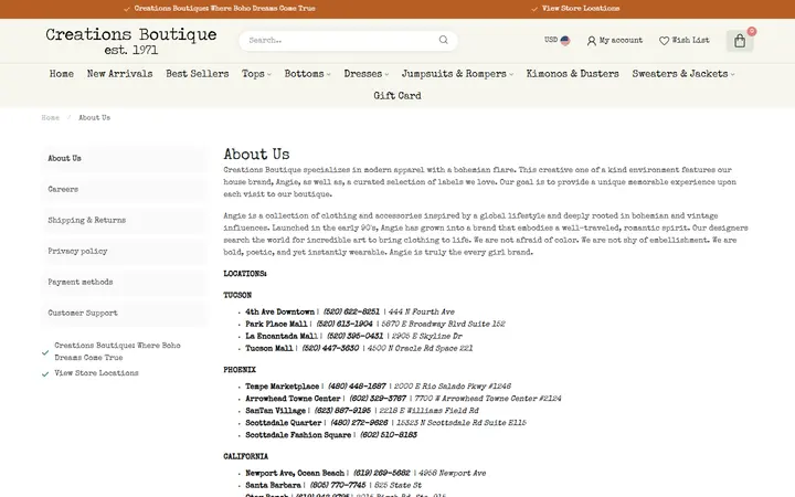 Website page titled About Us - Creations Bohemian Boutique - Creations Boutique