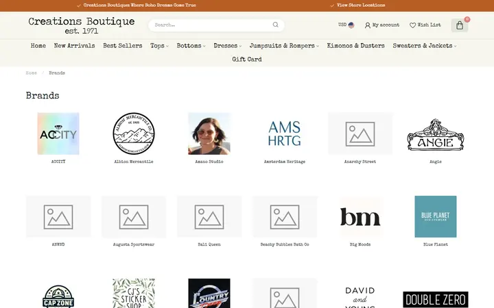 Website page titled Brands - Creations Boutique