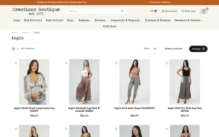 Website page titled Angie - Creations Boutique