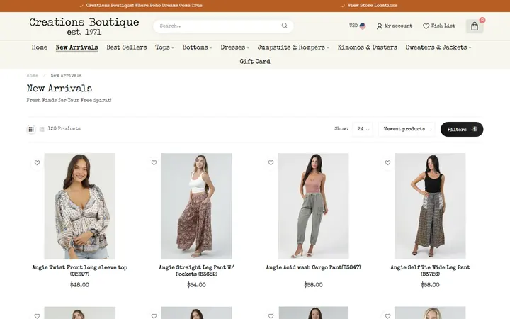 Website page titled New Boho Chic Arrivals! - Creations Boutique