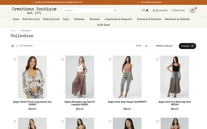 Website page titled Collection - Creations Boutique
