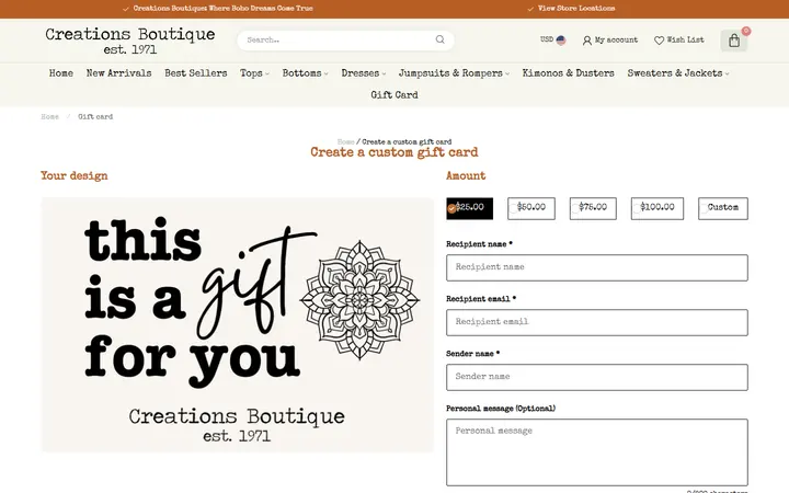 Website page titled Gift card - Creations Boutique
