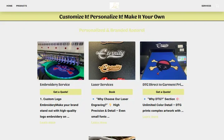 Website page titled Ava's By Eternity Boutique | Clothing Line and Custom Print Shop in Thornton