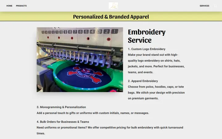 Website page titled Embroidery Service - Personalized Apparel - Ava's By Eternity Boutique | Clothing Line and Custom Print Shop in Thornton