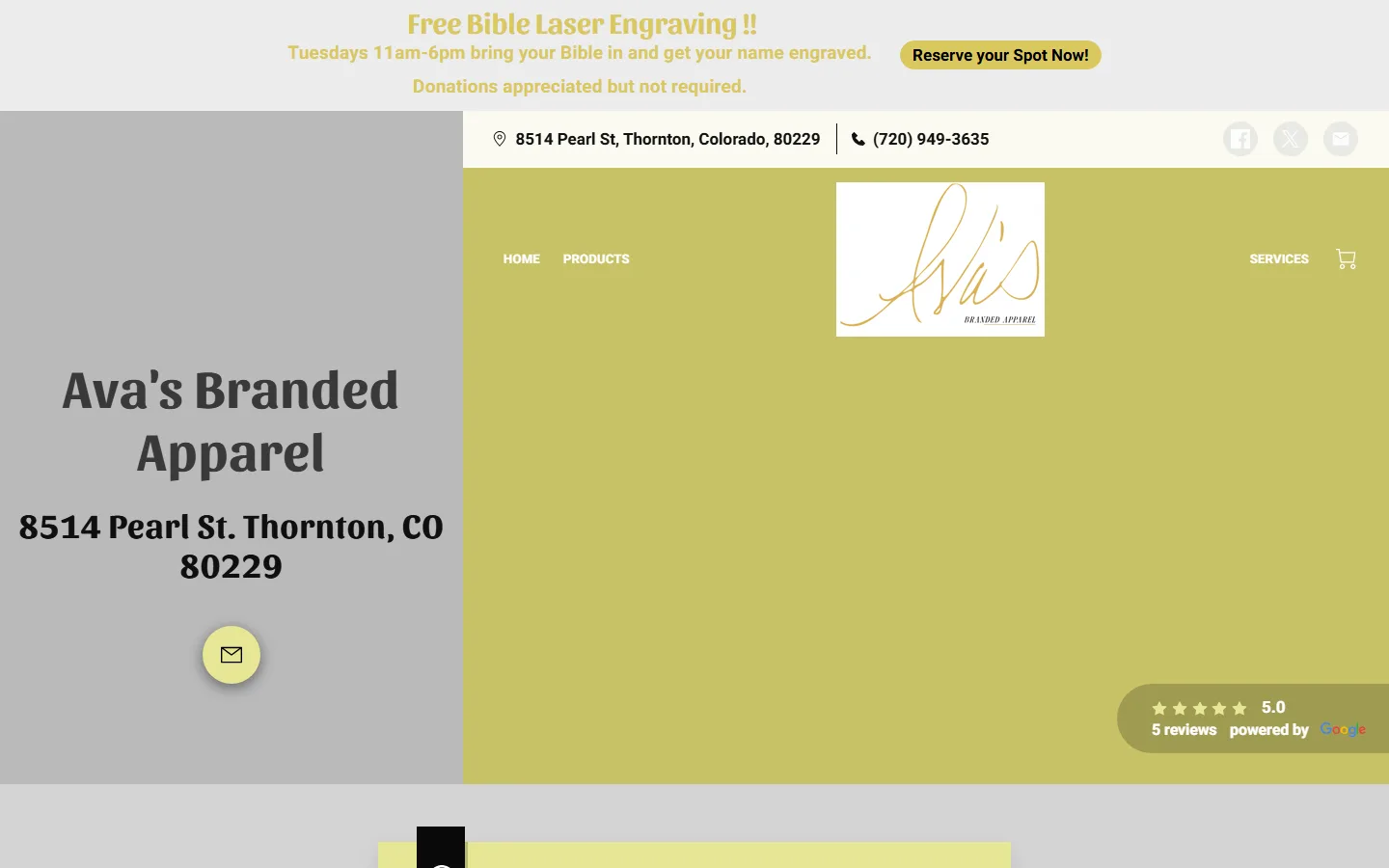 Viewport capture of Ava's Branded Apparel website