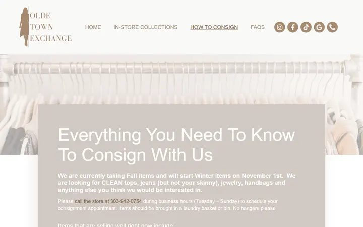 Website page titled Consignment Store Guide - Olde Town Exchange | Westminster, CO