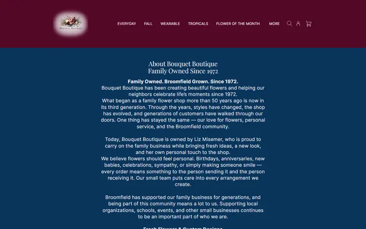 Website page titled About | Bouquet Boutique, Inc.