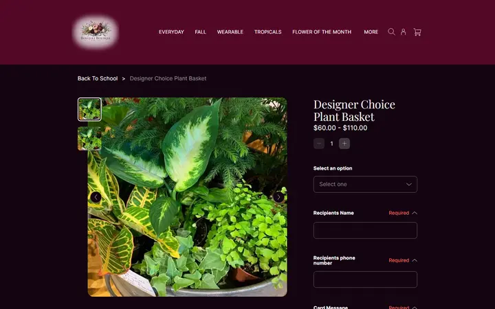 Website page titled Designer Choice Plant Basket | Bouquet Boutique, Inc.