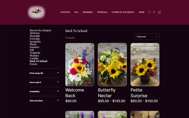 Website page titled Back To School | Bouquet Boutique, Inc.