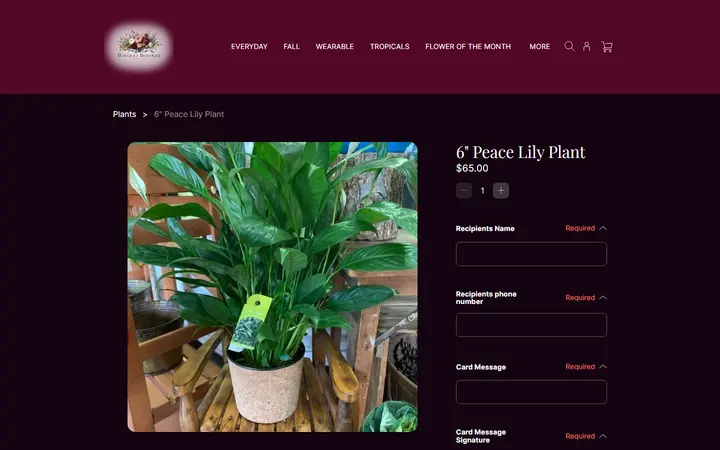 Website page titled 6" Peace Lily Plant | Bouquet Boutique, Inc.