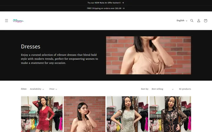 Website page titled Dresses – Mirame Boutique