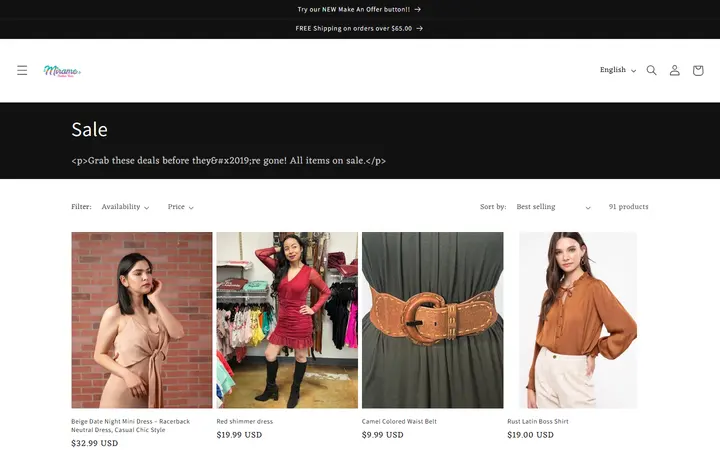 Website page titled Sale – Mirame Boutique