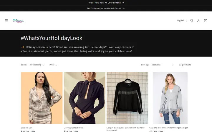 Website page titled #WhatsYourHolidayLook – Mirame Boutique