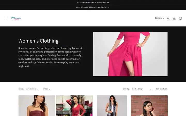 Website page titled Women's Clothing – Mirame Boutique