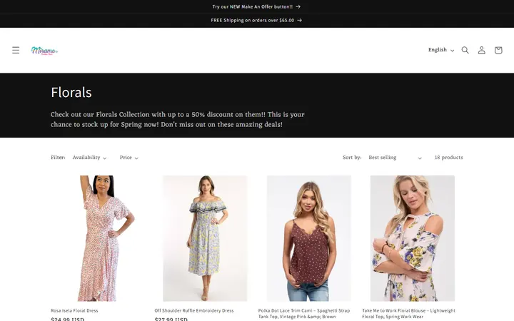 Website page titled Florals – Mirame Boutique