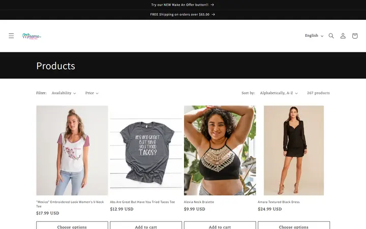 Website page titled Products – Mirame Boutique