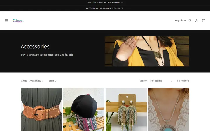 Website page titled Accessories – Mirame Boutique
