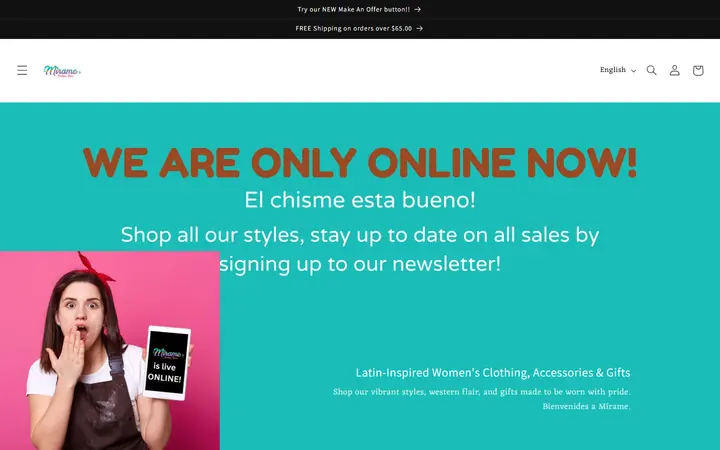 Website page titled Mírame Boutique Room | Latin-Inspired Women's Clothing & Accessories – Mirame Boutique