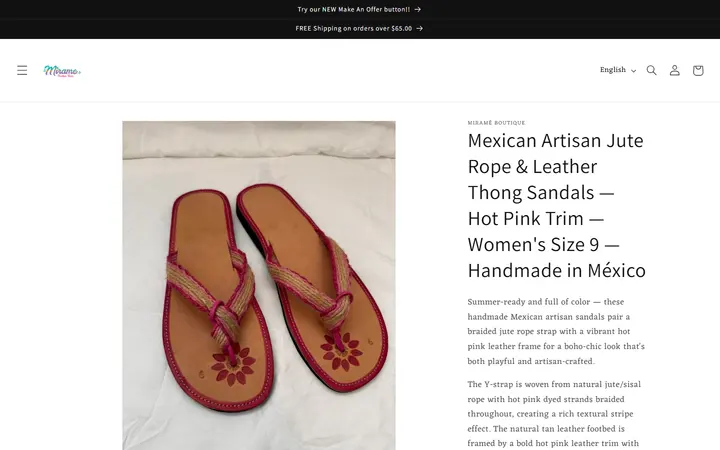 Website page titled Mexican Artisan Jute Rope & Leather Thong Sandals — Hot Pink Trim — Wo – Mirame Boutique