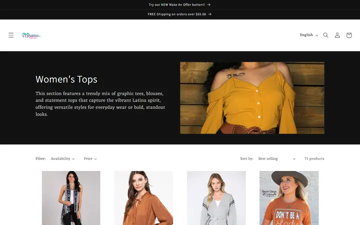 Website page titled Women's Tops – Mirame Boutique