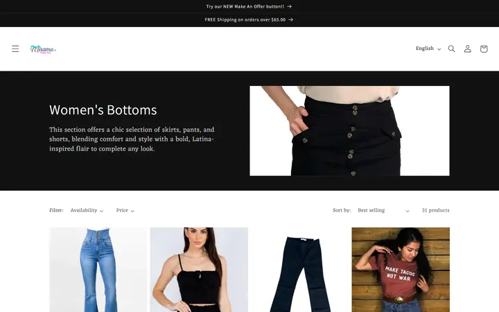 Website page titled Women's Bottoms – Mirame Boutique