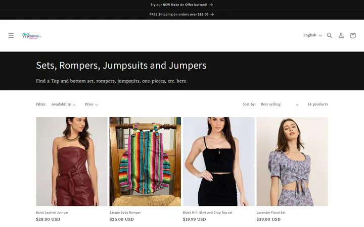 Website page titled Sets, Rompers, Jumpsuits and Jumpers – Mirame Boutique