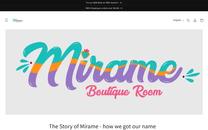 Website page titled The Story of Mírame - how we got our name – Mirame Boutique