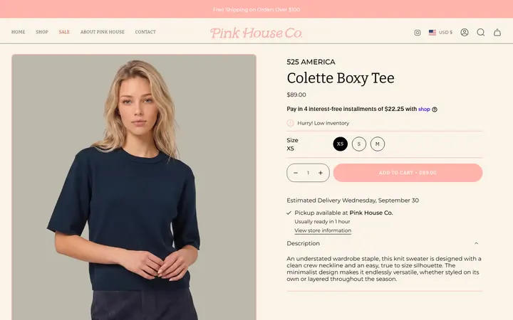 Website page titled Colette Boxy Tee – Pink House Colorado