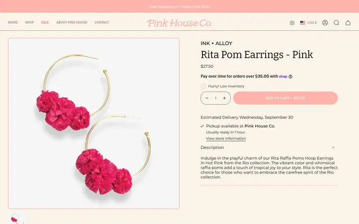 Website page titled Rita Pom Earrings - Pink – Pink House Colorado