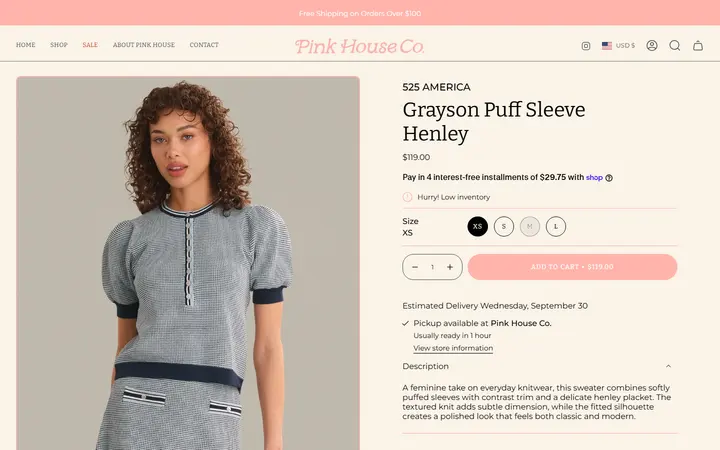 Website page titled Grayson Puff Sleeve Henley – Pink House Colorado
