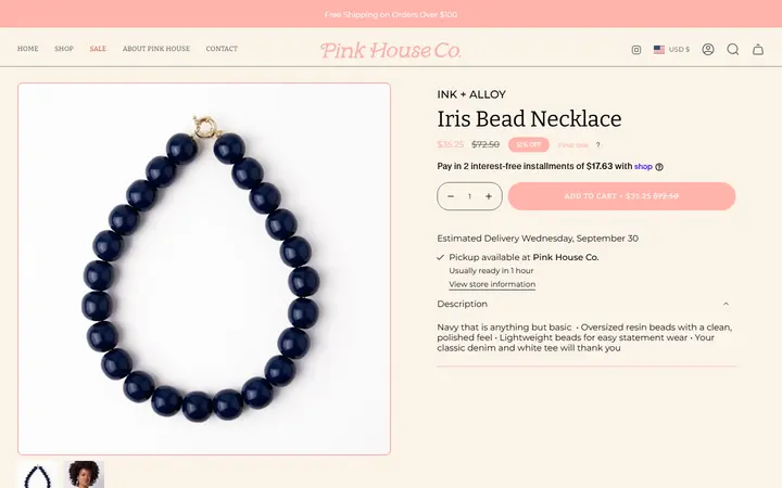 Website page titled Iris Bead Necklace – Pink House Colorado