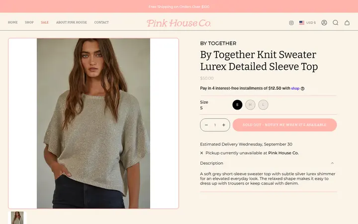 Website page titled By Together Knit Sweater Lurex Detailed Sleeve Top – Pink House Colorado