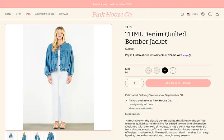 Website page titled THML Denim Quilted Bomber Jacket – Pink House Colorado